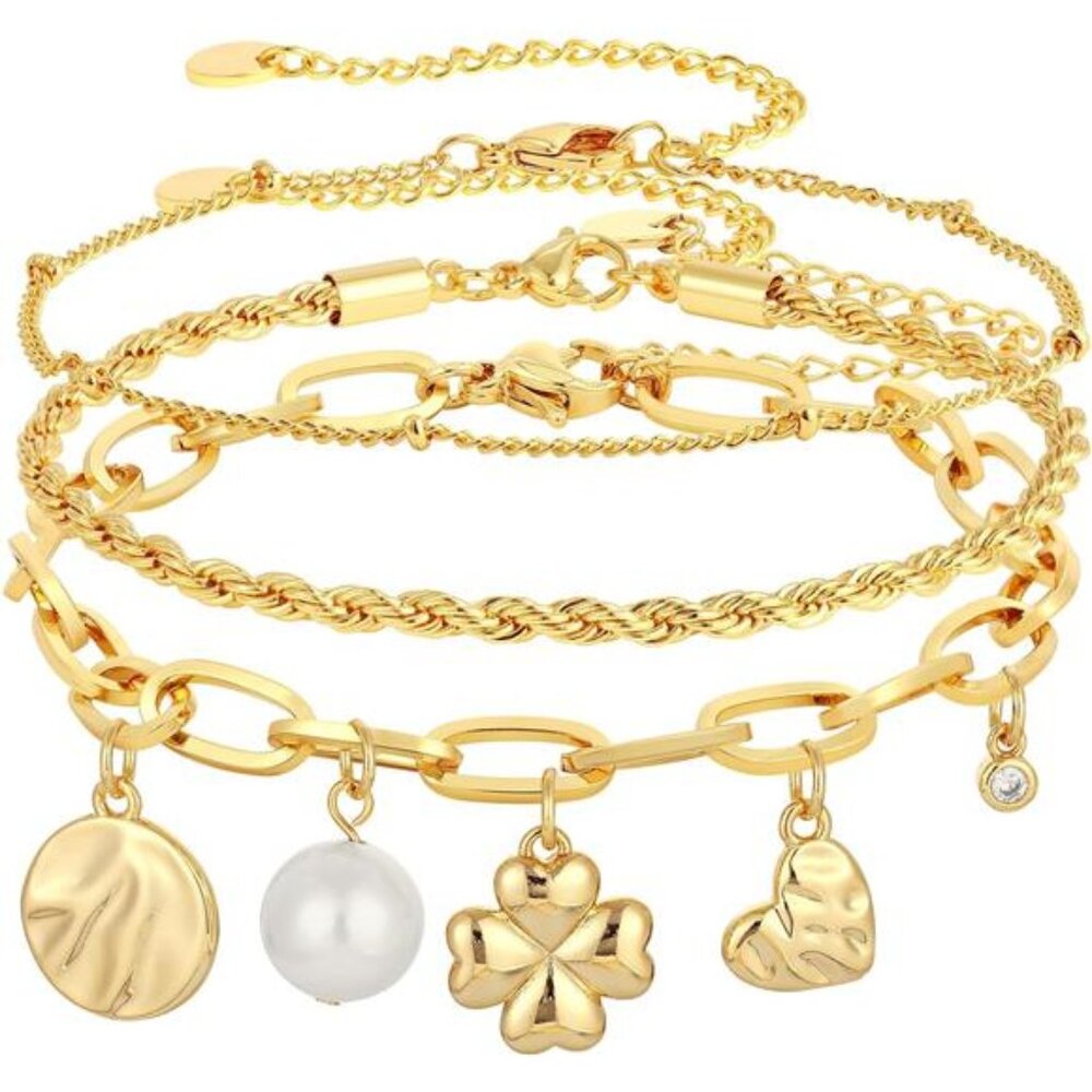 3PCS Women's Charm Gold Bracelets Set Non Tarnish 14k Plated Gold Bracelet Stack